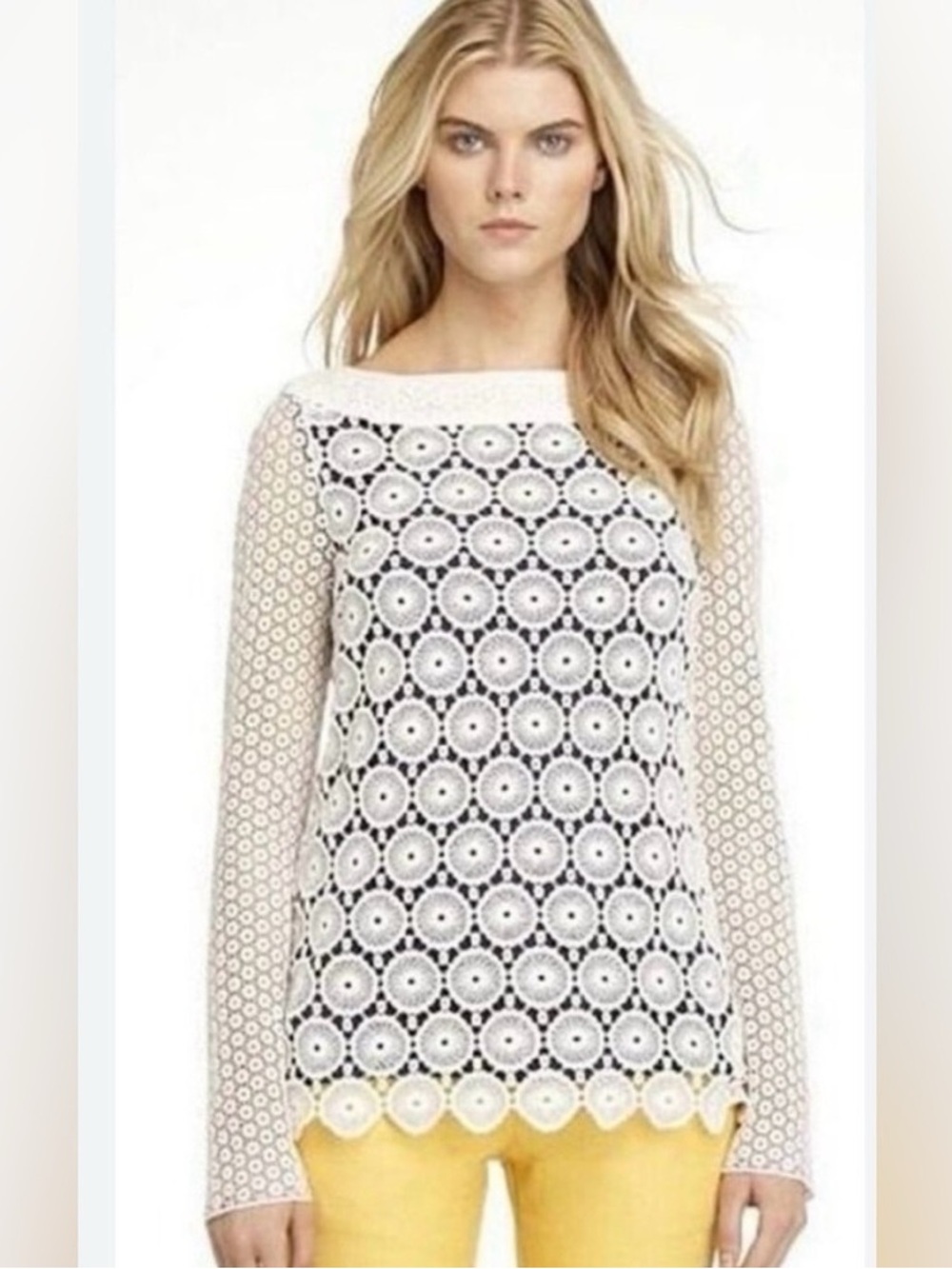 Tory Burch Janeen Crochet Long Sleeve Cream and Navy Top